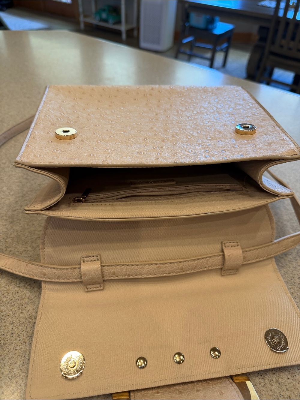 Crossing Vegan Leather Beige Structured Top-Handle Crossbody Bag w/ Gold Buckle - Picture 8 of 9
